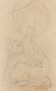 Una figura agachada sosteniendo un escudo (verso) de William Blake
