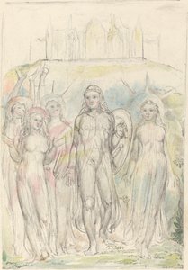 Cristiano con el escudo de la fe, despidiéndose de sus compañeros de William Blake
