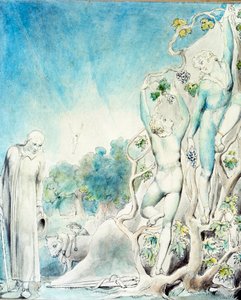 Comus se encuentra con uno de los hermanos ocupados recogiendo fruta para alimentar a Lady. Siglo XIX de William Blake