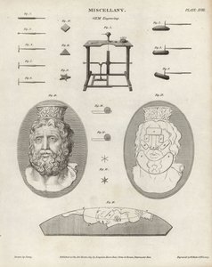 Herramientas y equipos de grabado de gemas y camafeos. Grabado de cobre de William Blake y Wilson Lowry según un dibujo de J. Farey de la Cyclopedia o Diccionario Universal de Artes, Ciencias y Literatura de Abraham Rees, Longman, Hurst, Rees, Orme y Brown