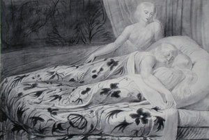 Har y Heva dormidos con Mnetha vigilándolos, ilustración de 