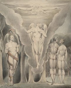 Ilustración 4 de "El Paraíso Perdido" de Milton: Satanás espiando a Adán y Eva y el descenso de Rafael al Paraíso de William Blake