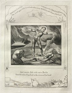 El Libro de Job: Pl. 6, Y golpeó a Job con llagas desde la planta del pie... de William Blake