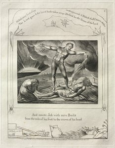 El Libro de Job: Pl. 6, Y golpeó a Job con llagas dolorosas / desde la planta de su pie hasta la coronilla de su cabeza de William Blake