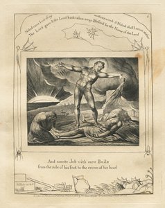 El Libro de Job: Pl. 6, Y golpeó a Job con llagas desde la planta de su pie hasta la coronilla de William Blake