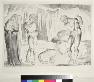 El Círculo de los Ladrones: Buoso Donati Atacado por la Serpiente, Infierno, Canto XXV, ilustración de la 
