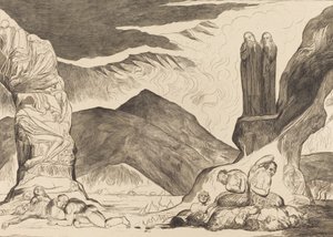 El círculo de los falsificadores: Dante y Virgilio cubriéndose la nariz por el hedor de William Blake