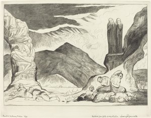 El círculo de los falsificadores; Dante y Virgilio se tapan la nariz por el hedor de William Blake