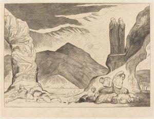 El círculo de los falsificadores; Dante y Virgilio se tapan la nariz por el hedor de William Blake