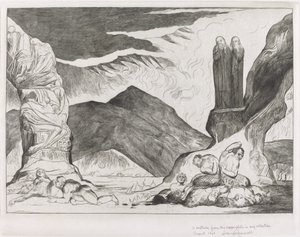 El círculo de los falsificadores; Dante y Virgilio se tapan la nariz por el hedor de William Blake