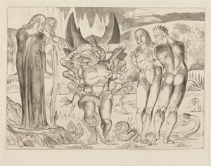 El círculo de los ladrones; Agnolo Brunelleschi atacado por una serpiente de seis patas de William Blake