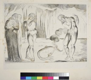 El Círculo de los Ladrones: Buoso Donati Atacado por la Serpiente, Infierno, Canto XXV, ilustración de la 