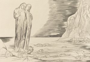 El círculo de los traidores, el pie de Dante golpeando a Bocca degli Abbate de William Blake
