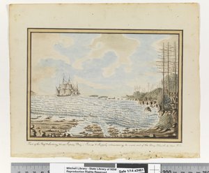 Frente a p. 194. `Parte del arrecife y lugares de desembarco en la Bahía de Sídney; Sirius y Supply intentando salir de la bahía. 19 de marzo de 1790