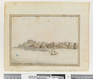 Frente a p. 19. `Santa Cruz en el lado sureste de Tenerife; Sirius y Convoy en los Caminos. Junio 1787. El Pico Mostrando en una Brecha entre dos otras Montañas