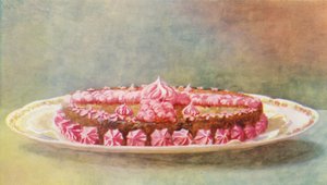 Tarta de café con crema de frambuesa (litografía en color)