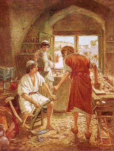 Cristo trabajando con José como carpintero de William Brassey Hole