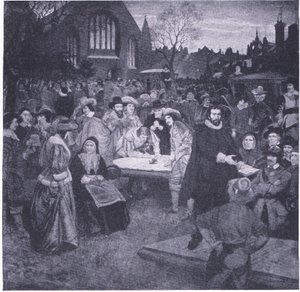 Firma del Pacto Nacional en el cementerio de Greyfriars 1638, de Cassells Historia del Pueblo Británico publicada por la Waverley Book Company Limited, c.1940 de William Brassey Hole