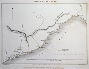 Mapa de los pasos de los Alpes Marítimos, carretera costera entre Génova y Niza, de Illustrations of the passes of the Alps by which Italy communicates with France, Switzerland and Germany, de William Brockedon (1787-1854), grabado sobre cobre, Londres.