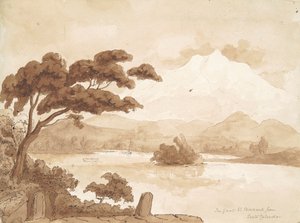 recto: Paisaje con lago y montañas