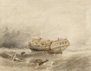 Un barco mercante descarrila en la calma que sigue a la tormenta. Acuarela (34,4x44,5 cm) de Clarkson Stanfield (1793-1867)