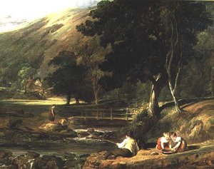 Borrowdale, Cumberland, con niños jugando junto a un arroyo