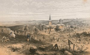 Cementerio de cuarentena e iglesia con batería francesa No 50 de William Crimea Simpson
