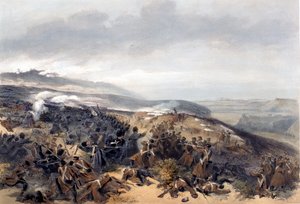 Segunda carga de los Guardias cuando retomaron la Batería de Dos Cañones en la Batalla de Inkerman, grabado por Edmond Morin (1824-82) de The Seat of War in the East - First Series, publicado por Colnaghi