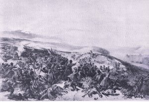 Segunda carga de los Guardias, cuando retomaron las dos baterías de cañones en la batalla de Inkerman, ilustración de British Battles on Land and Sea, 1915 de William Crimea Simpson