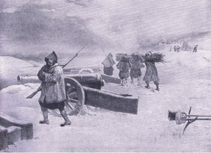 Centinela de los Zuavos ante Sebastopol, ilustración de British Battles on Land and Sea, 1915 de William Crimea Simpson