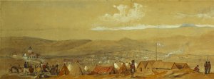 La Crimea: Vista panorámica de Sebastopol mostrando los campamentos militares y el puerto; y una vista panorámica de Inkerman mostrando un campamento militar y caballería al amanecer
