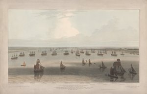 Vista de las fragatas estacionadas en Hope bajo el mando de los hermanos mayores de la Trinity House, estuario del Támesis de William Daniell