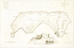 Carta general de defensa de la isla Banda Neira, principios del siglo XIX (grabado coloreado) de William Daniell