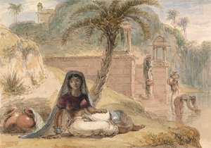 Niña india sentada junto a un río
