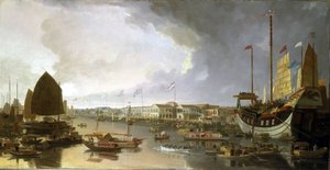 Panorama de las fábricas europeas en Cantón (China), con descripciones de la navegación por el río Guangdong (o río de las Perlas) y gran variedad de embarcaciones.