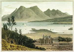 Vista occidental desde la isla de Raasay (Escocia), con descripción de un gran edificio y sus jardines adyacentes. Aguafuerte en colores de William Daniell (1769-1837) de William Daniell