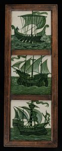 Panel de azulejos de barcos a toda vela, en marco, c.1865-80 (cerámica) de William de Morgan
