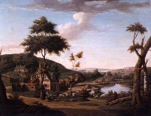 Paisaje Fluvial con Figuras Fuera de una Cabaña de William Deas