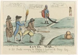 Engelse spotprent op de Nederlandse burgertwisten, 1787
La guerra civil, o Lord Lunatic animando a los holandeses a derribar el Partido Naranja (título en el objeto) de William Dent