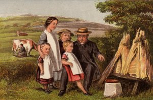 Industria: familia en el campo con colmenas (chromolitho)