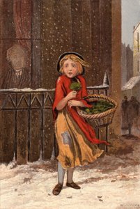 Pobre chica vendiendo berros en una calle nevada (chromolitho) de William Dickes