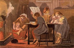 Sábado por la noche: una familia leyendo y entreteniéndose por la noche (chromolitho) de William Dickes