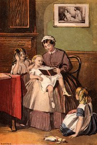 El amable sirviente: una doncella leyendo a niños pequeños (chromolitho) de William Dickes