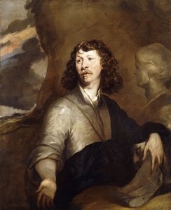 Retrato de un caballero, posiblemente el artista, medio cuerpo, con una capa marrón y un abrigo azul, junto a un busto de mármol, en un paisaje rocoso