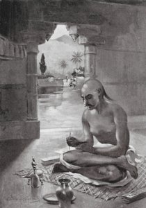 Kalidasa escribiendo "El mensajero de las nubes", 375 d.C. (litografía)