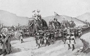 Vikramaditya Gupta va a la guerra, 395 d.C. (litografía) de William Douglas Almond