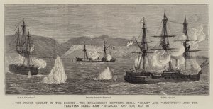 El combate naval en el Pacífico, el enfrentamiento entre el HMS Shah y Amethyst y el ariete rebelde peruano Huascar frente a Ilo, 29 de mayo de William Edward Atkins
