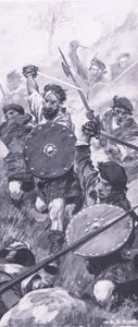Los Highlanders en la batalla de Killiecrankie, ilustración de British Battles on Land and Sea, 1915 de William Edward Stott