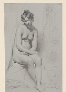 Modelo femenino desnudo sentado con peinado alto, esbozado de nuevo junto a él de William Etty