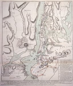 Plano de la Isla de Nueva York con Parte de Long Island, Staten Island y Este de Nueva Jersey y el Compromiso en las Alturas Boscosas de Long Island entre las Fuerzas Británicas, bajo el mando del General Sir William Howe de William Faden